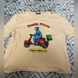 Romwe Size L Death Pizza Tan Graphic Tee for Gym Workout Casual Wear